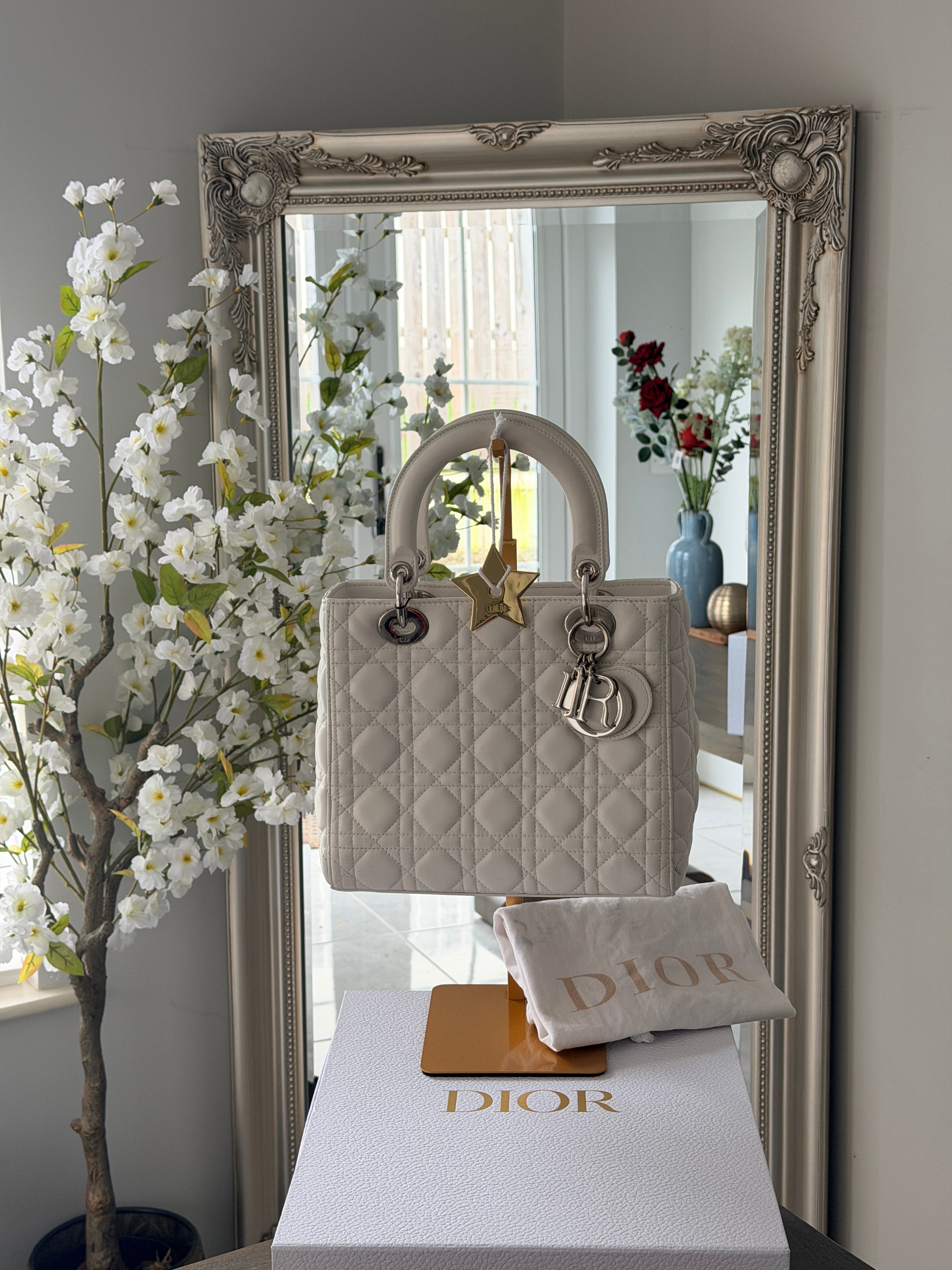 Christian Dior Lady Dior Medium Handbag White Cannage Leather
