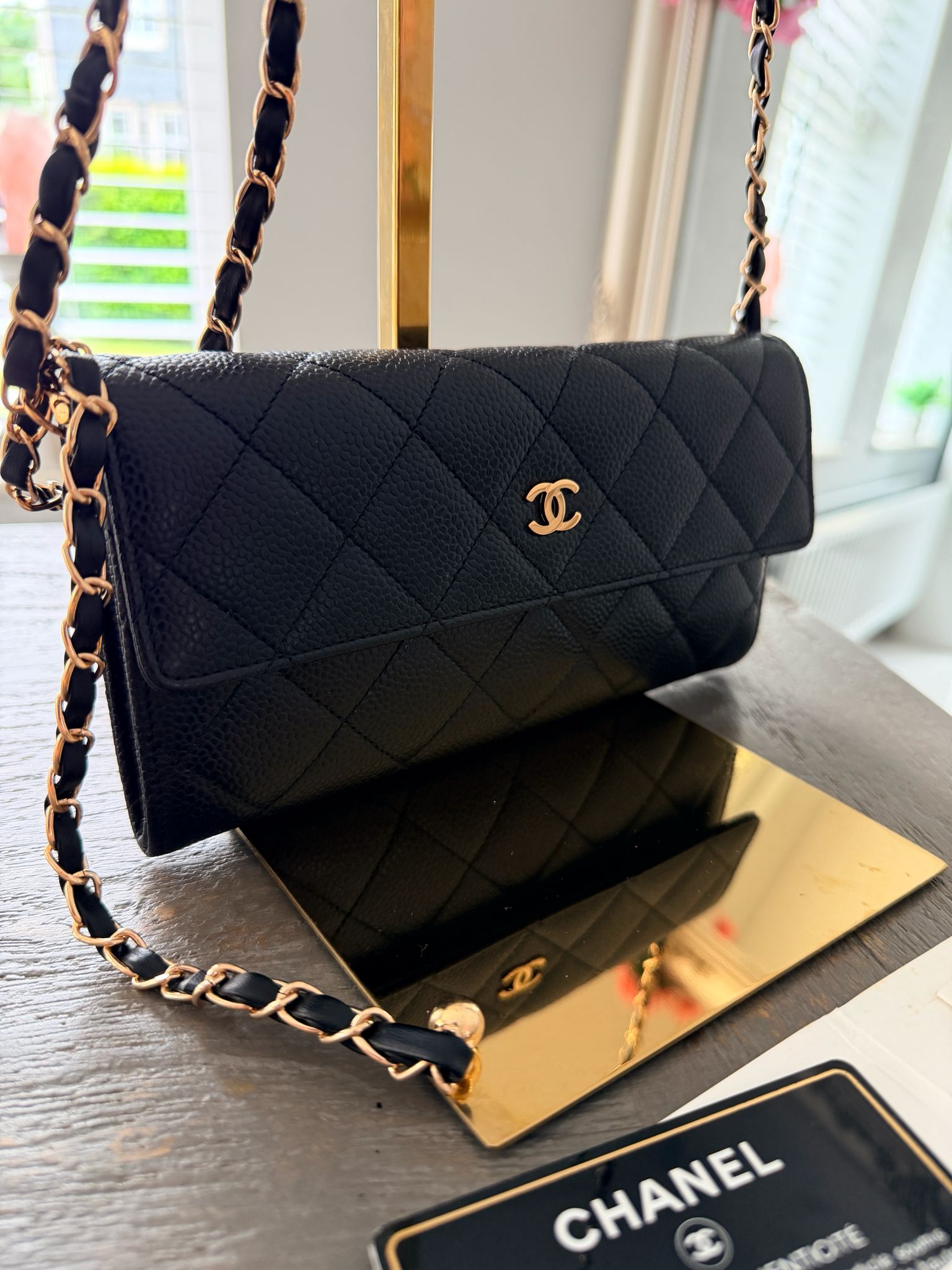 Chanel Gusset Long Wallet Black Caviar Leather Gold Hardware