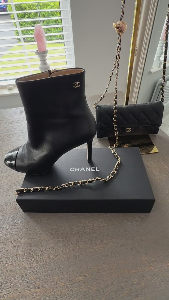 Chanel Black Calfskin & Patent Leather CC Ankle Boots Size 35.5