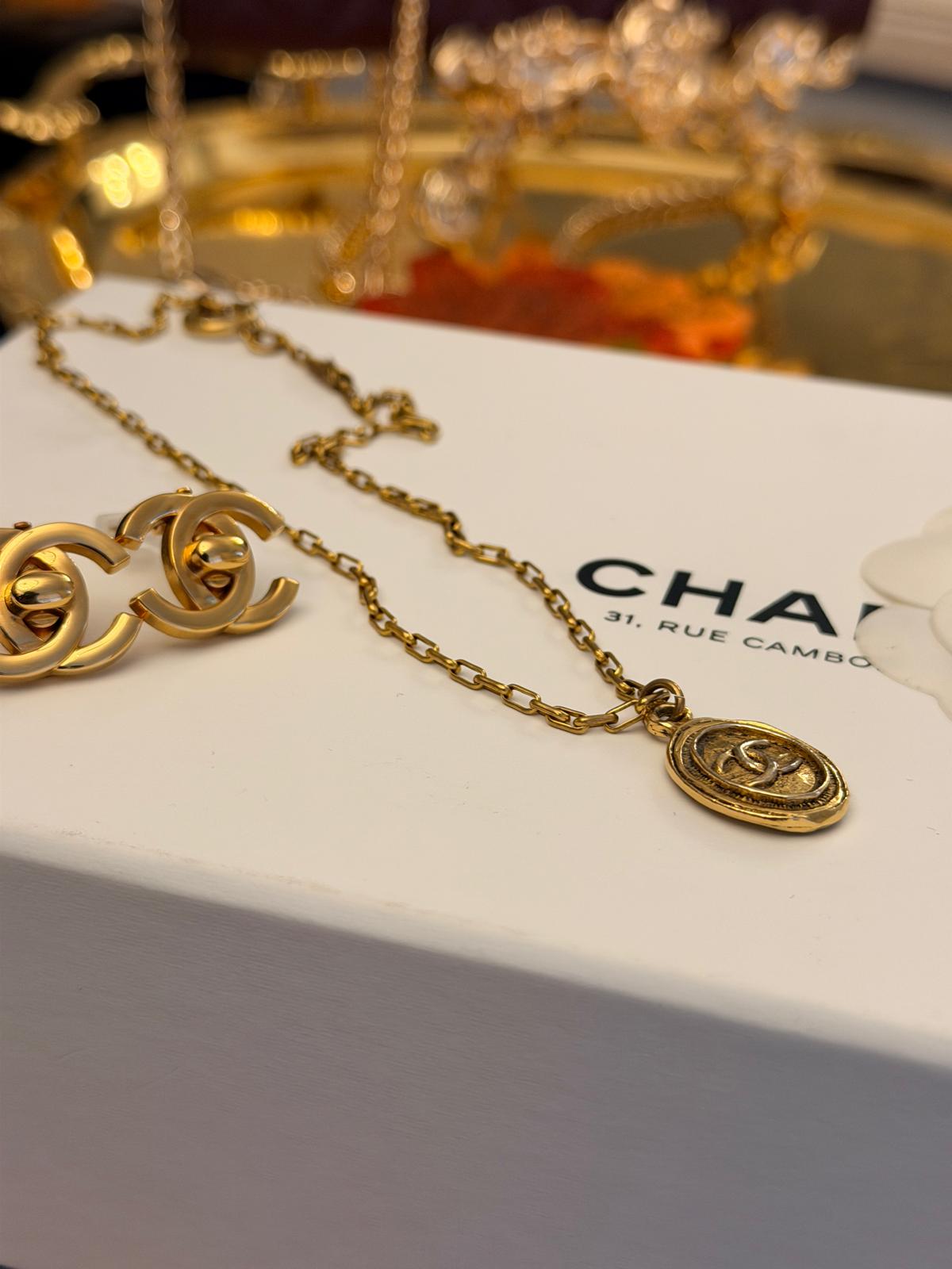 Chanel Vintage 24k Aged Gold Plated CC Pendant Necklace