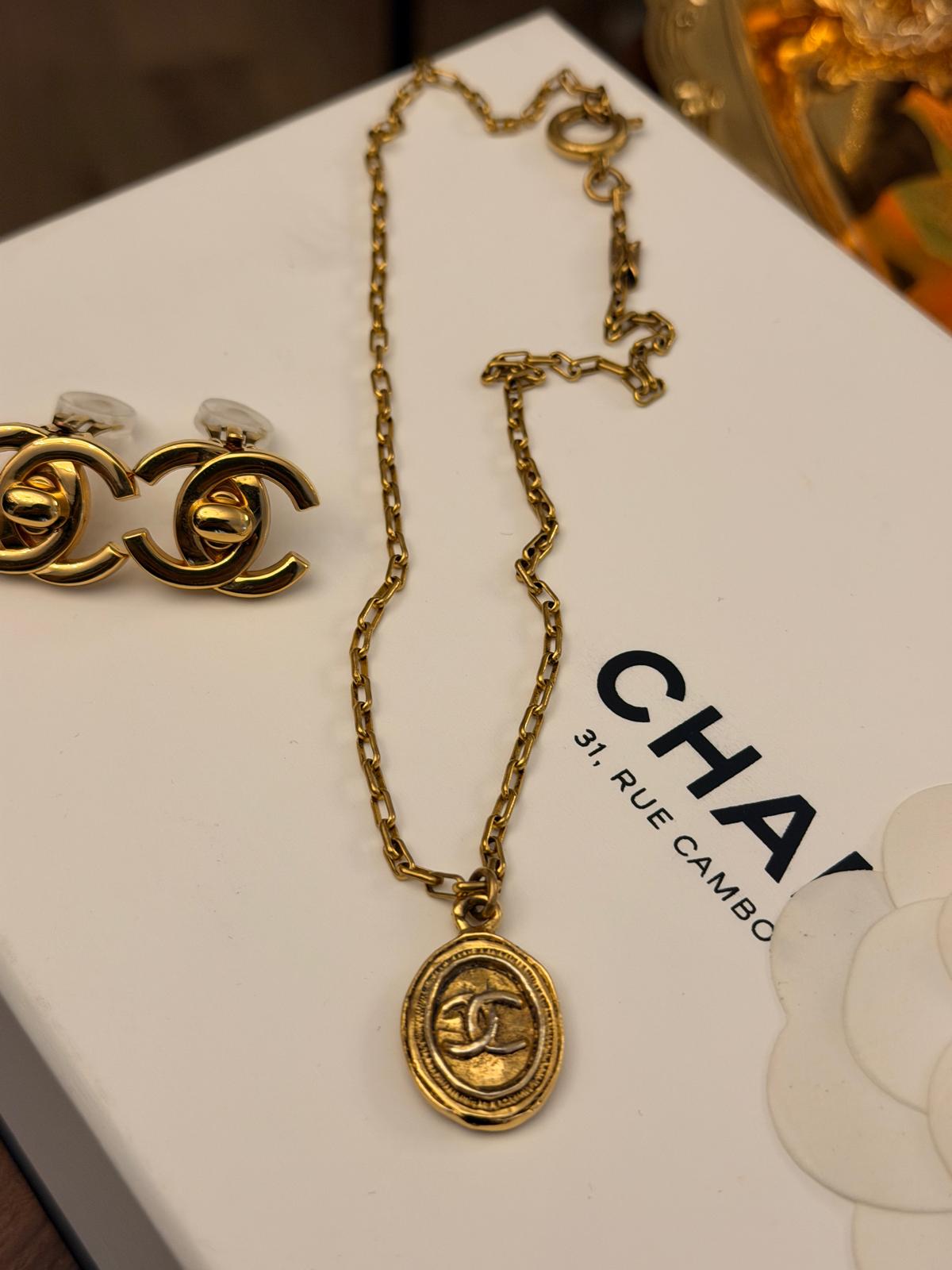 Chanel Vintage 24k Aged Gold Plated CC Pendant Necklace