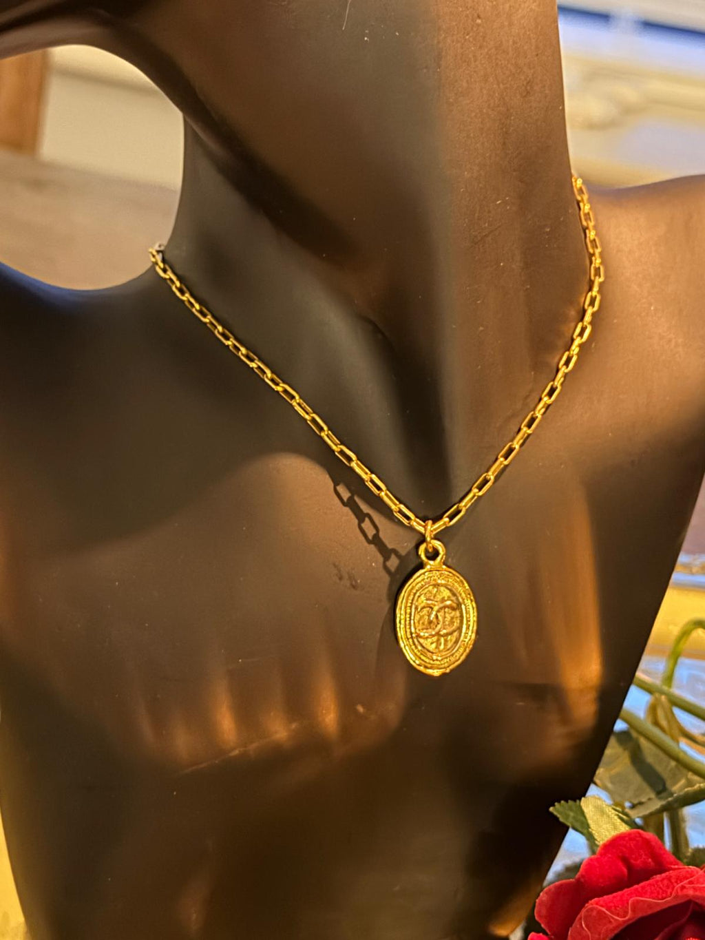Chanel Vintage 24k Aged Gold Plated CC Pendant Necklace