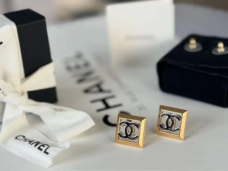 Chanel Earrings Large Square Gold & Black