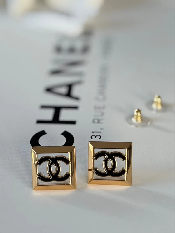 Chanel Earrings Large Square Gold & Black