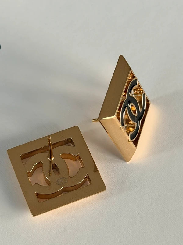 Chanel Earrings Large Square Gold & Black