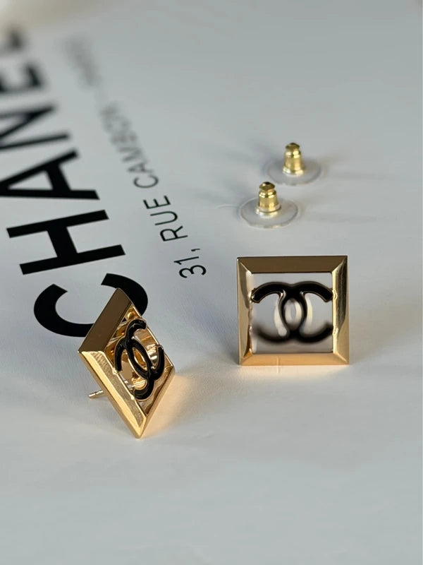 Chanel Earrings Large Square Gold & Black