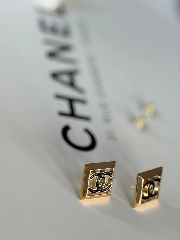 Chanel Earrings Large Square Gold & Black