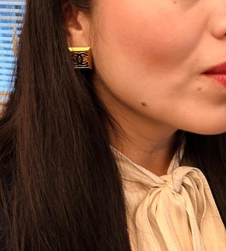 Chanel Earrings Large Square Gold & Black