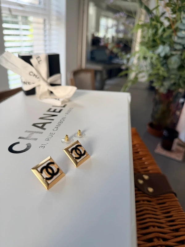 Chanel Earrings Large Square Gold & Black
