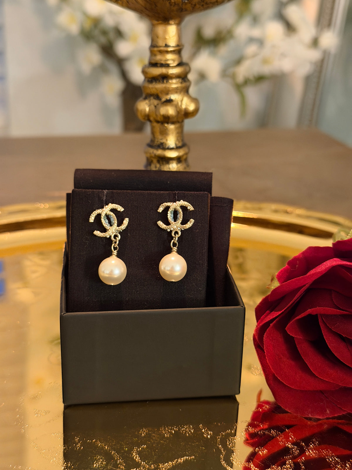 Chanel Pearl Drop Gold Earrings