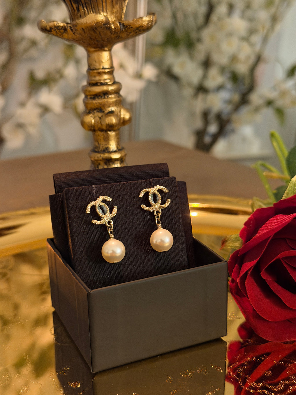 Chanel Pearl Drop Gold Earrings