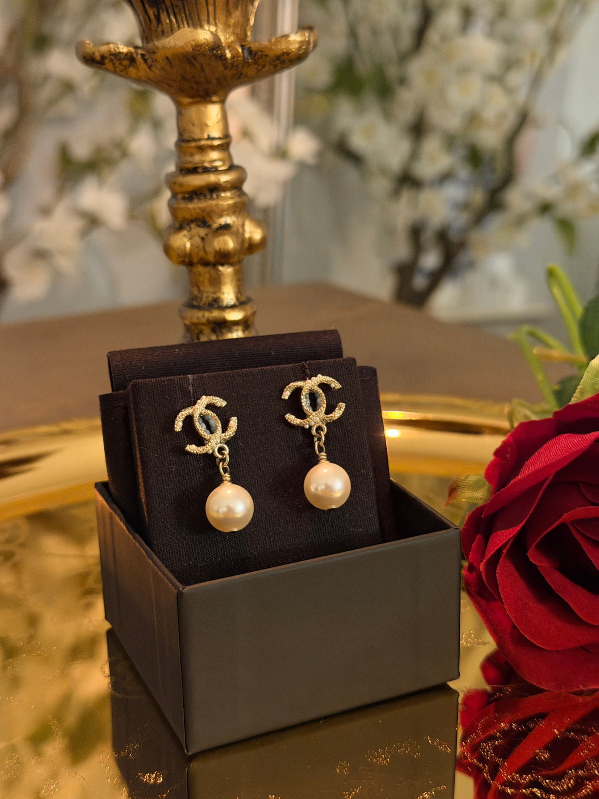 Chanel Pearl Drop Gold Earrings