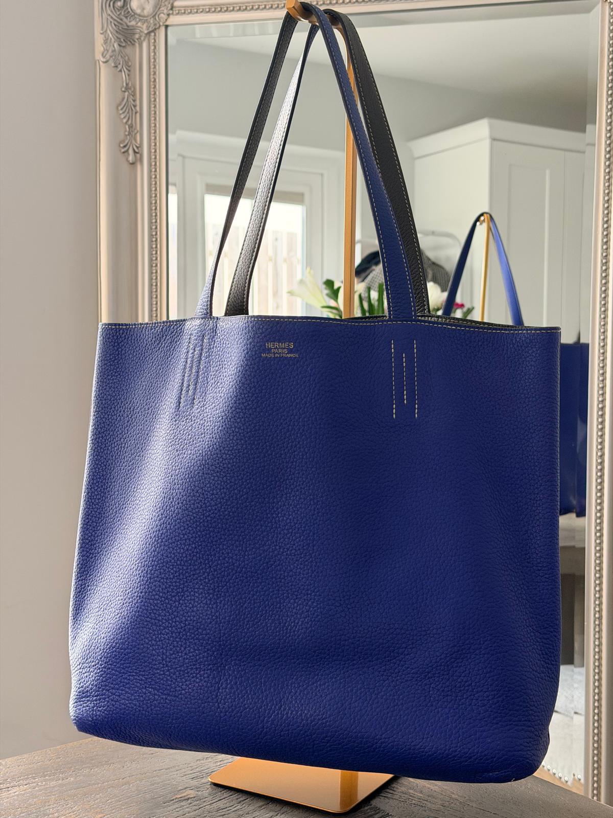 Hermès Double Sens 45 Tote Bag Blue & Grey Reversible Taurillon Clémence Leather