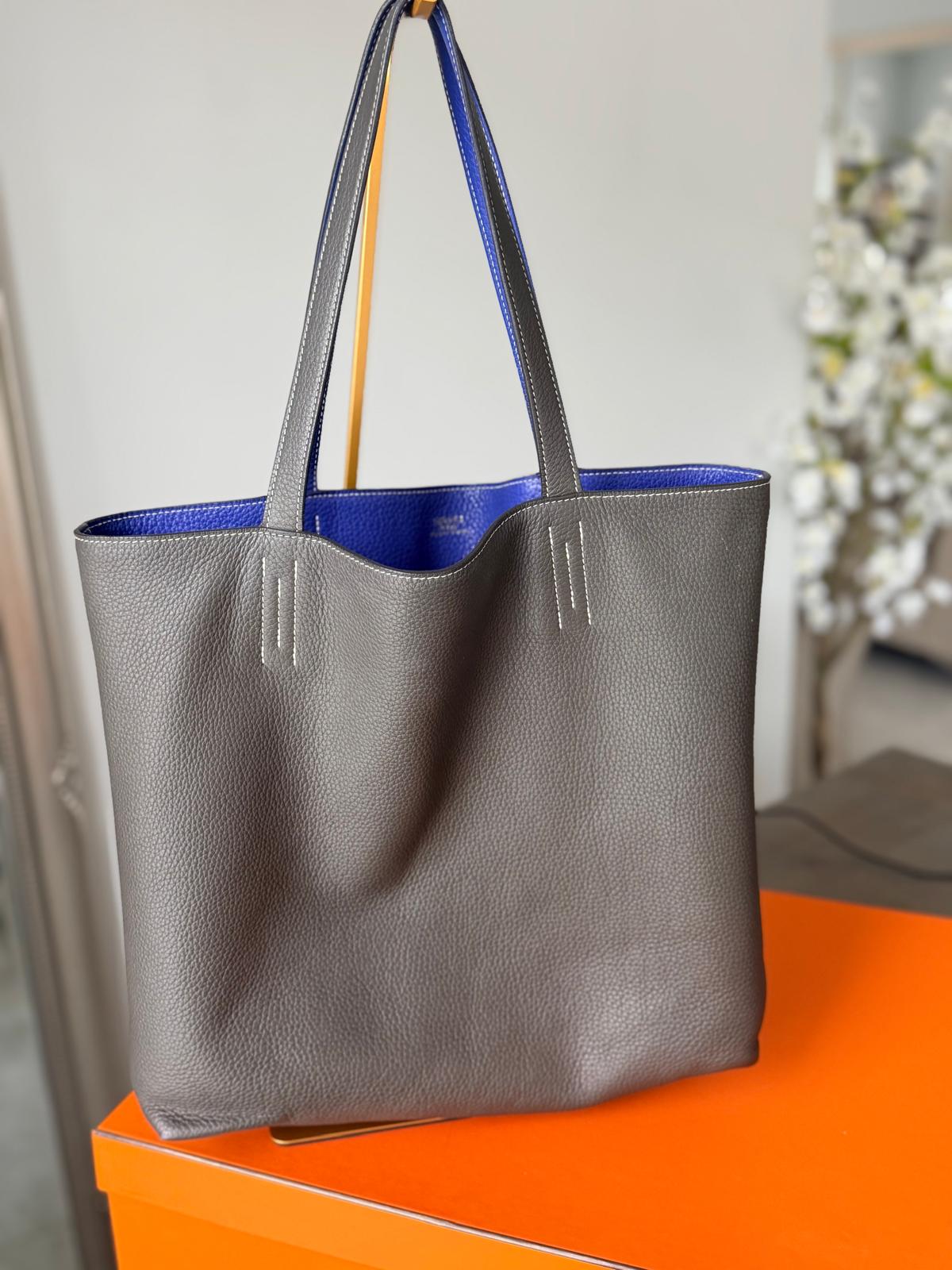 Hermès Double Sens 45 Tote Bag Blue & Grey Reversible Taurillon Clémence Leather