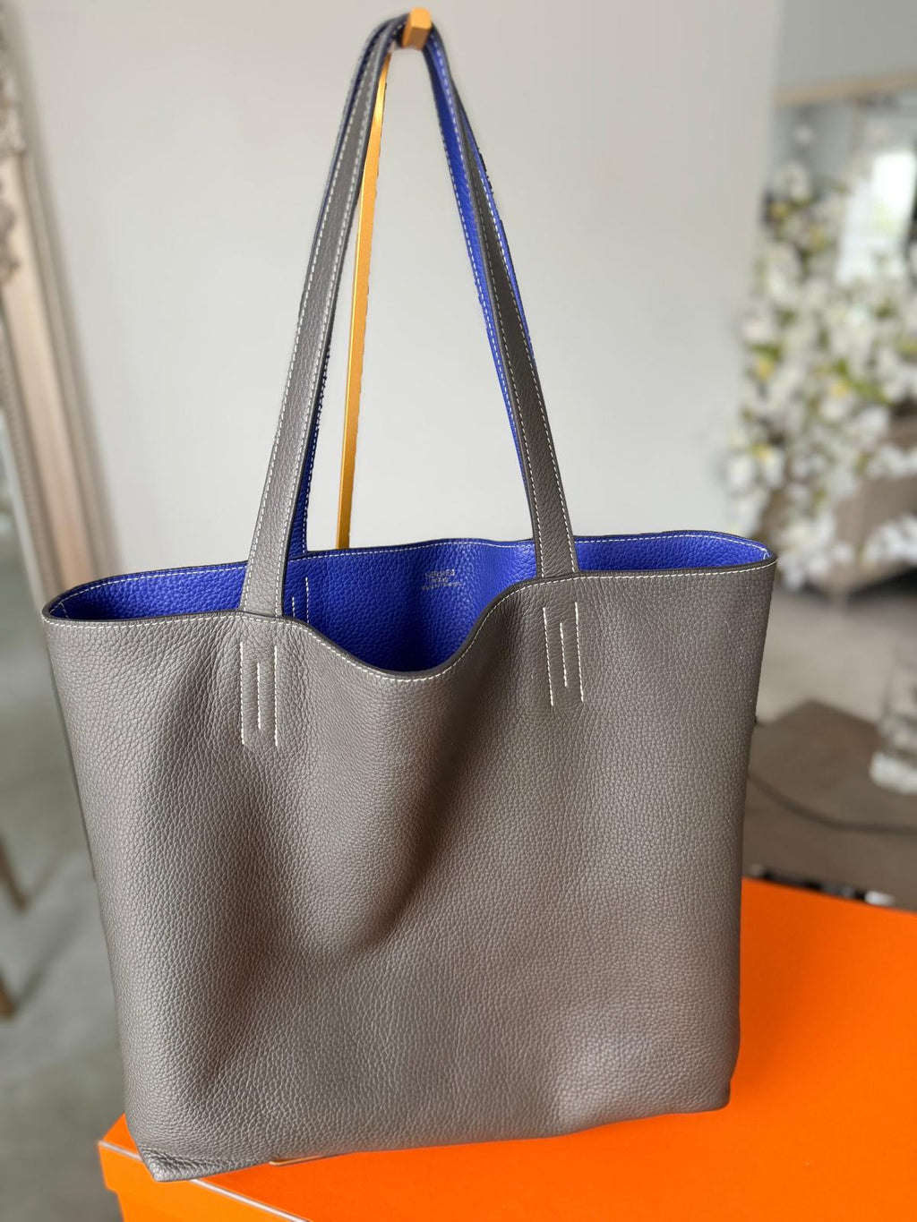 Hermès Double Sens 45 Tote Bag Blue & Grey Reversible Taurillon Clémence Leather