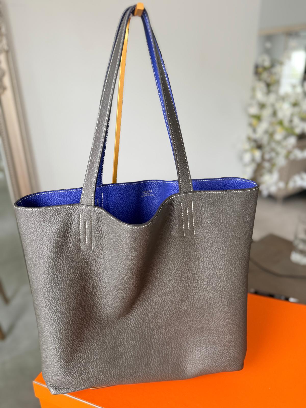 Hermès Double Sens 45 Tote Bag Blue & Grey Reversible Taurillon Clémence Leather