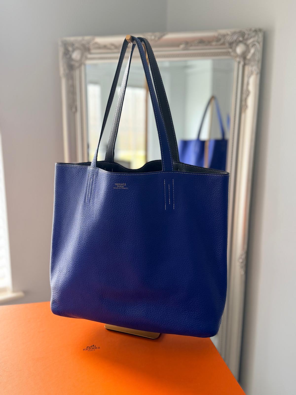 Hermès Double Sens 45 Tote Bag Blue & Grey Reversible Taurillon Clémence Leather