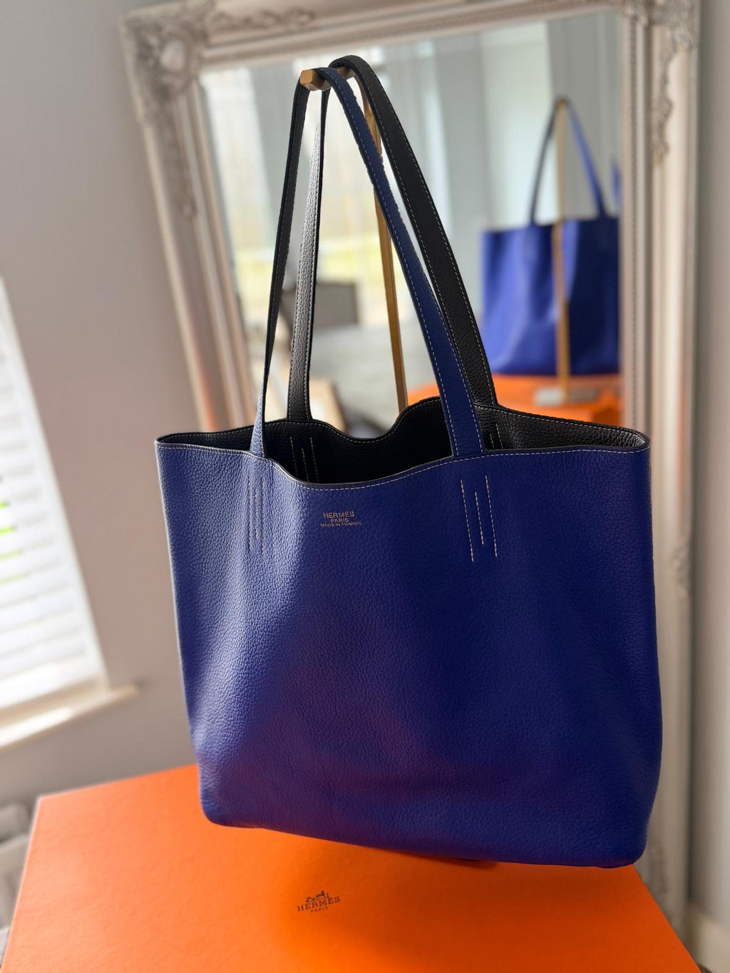 Hermès Double Sens 45 Tote Bag Blue & Grey Reversible Taurillon Clémence Leather