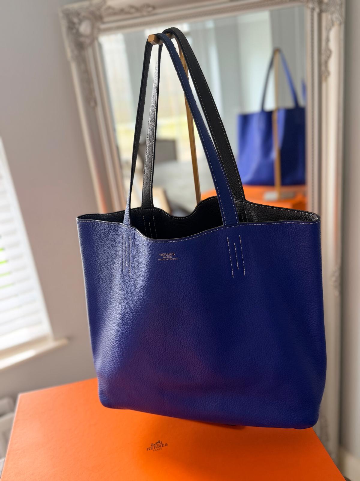 Hermès Double Sens 45 Tote Bag Blue & Grey Reversible Taurillon Clémence Leather
