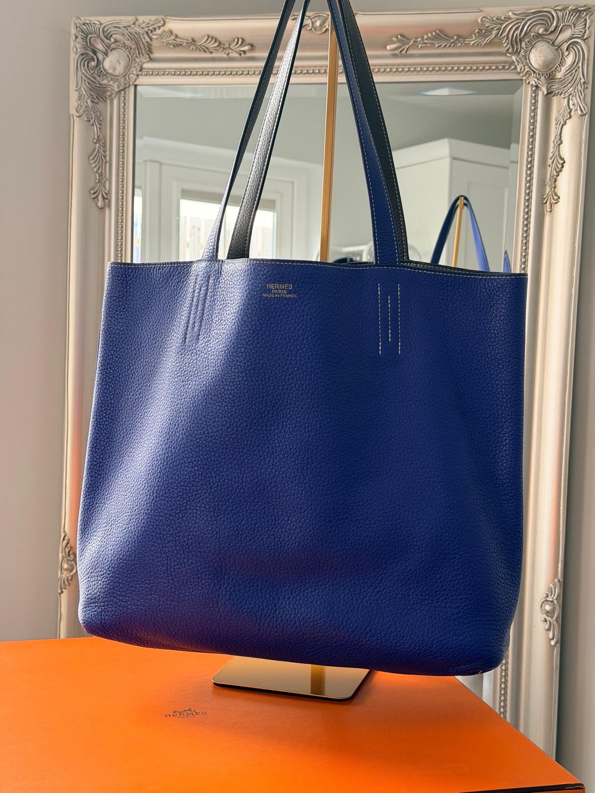 Hermès Double Sens 45 Tote Bag Blue & Grey Reversible Taurillon Clémence Leather