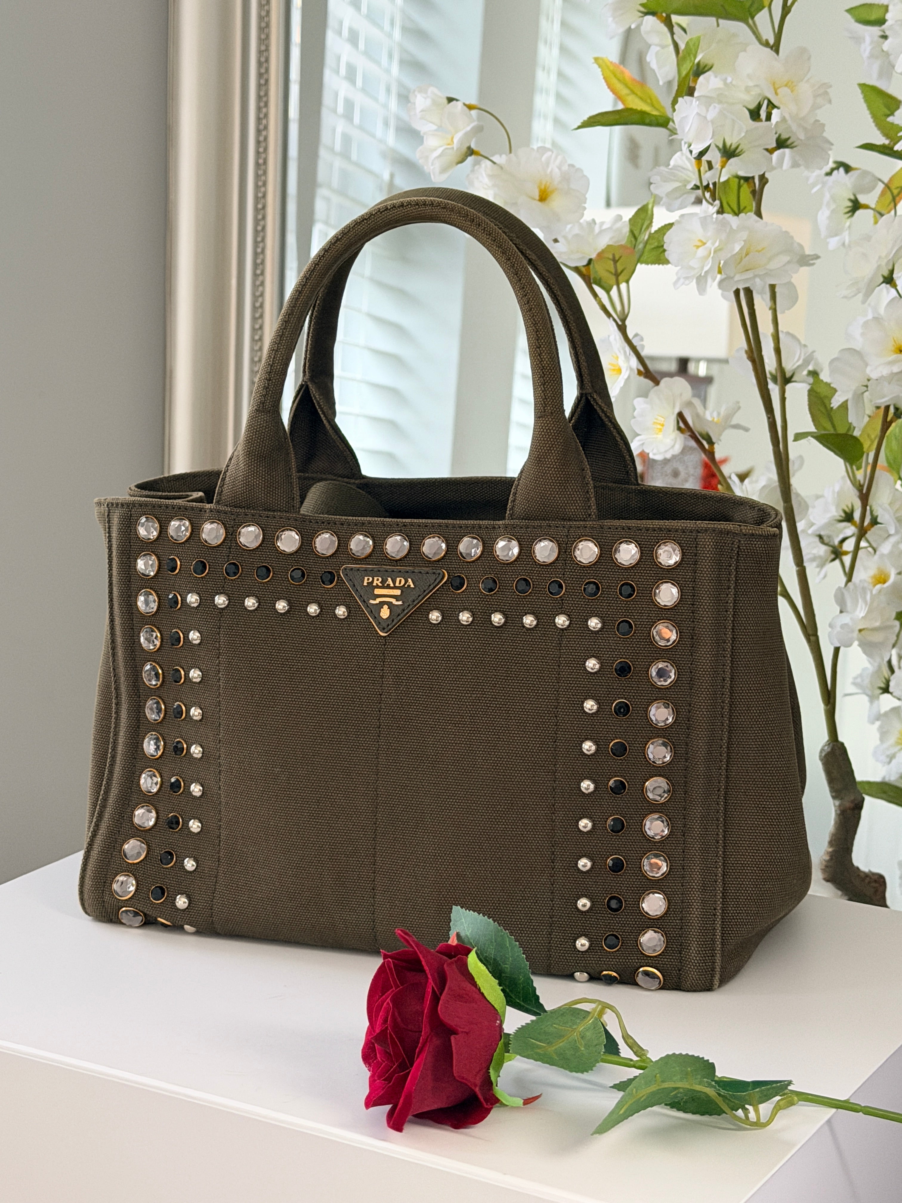 Prada Canapa Two-Way Green Denim Tote Bag with Sparkling Crystals & Rhinestones