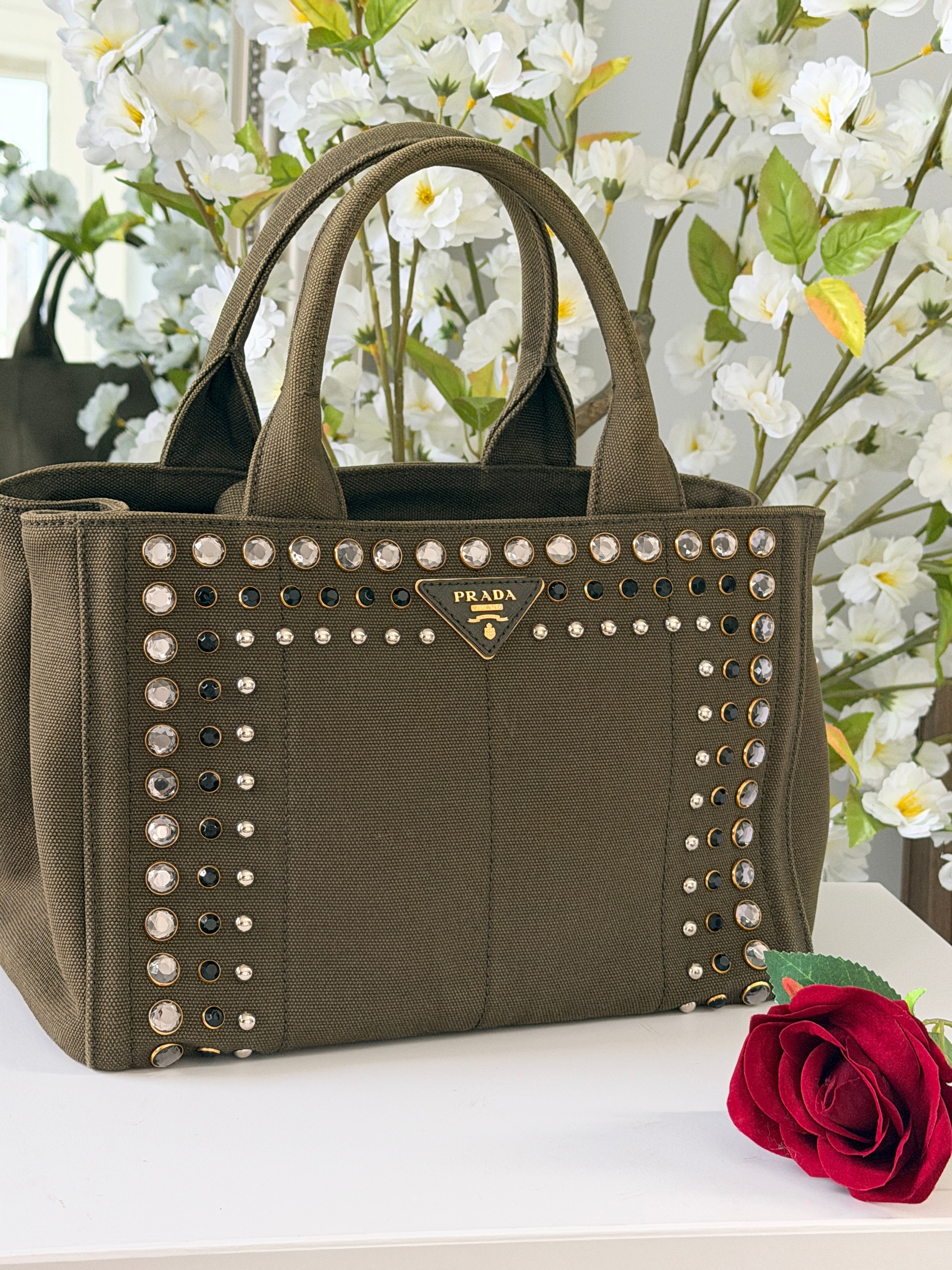 Prada Canapa Two-Way Green Denim Tote Bag with Sparkling Crystals & Rhinestones