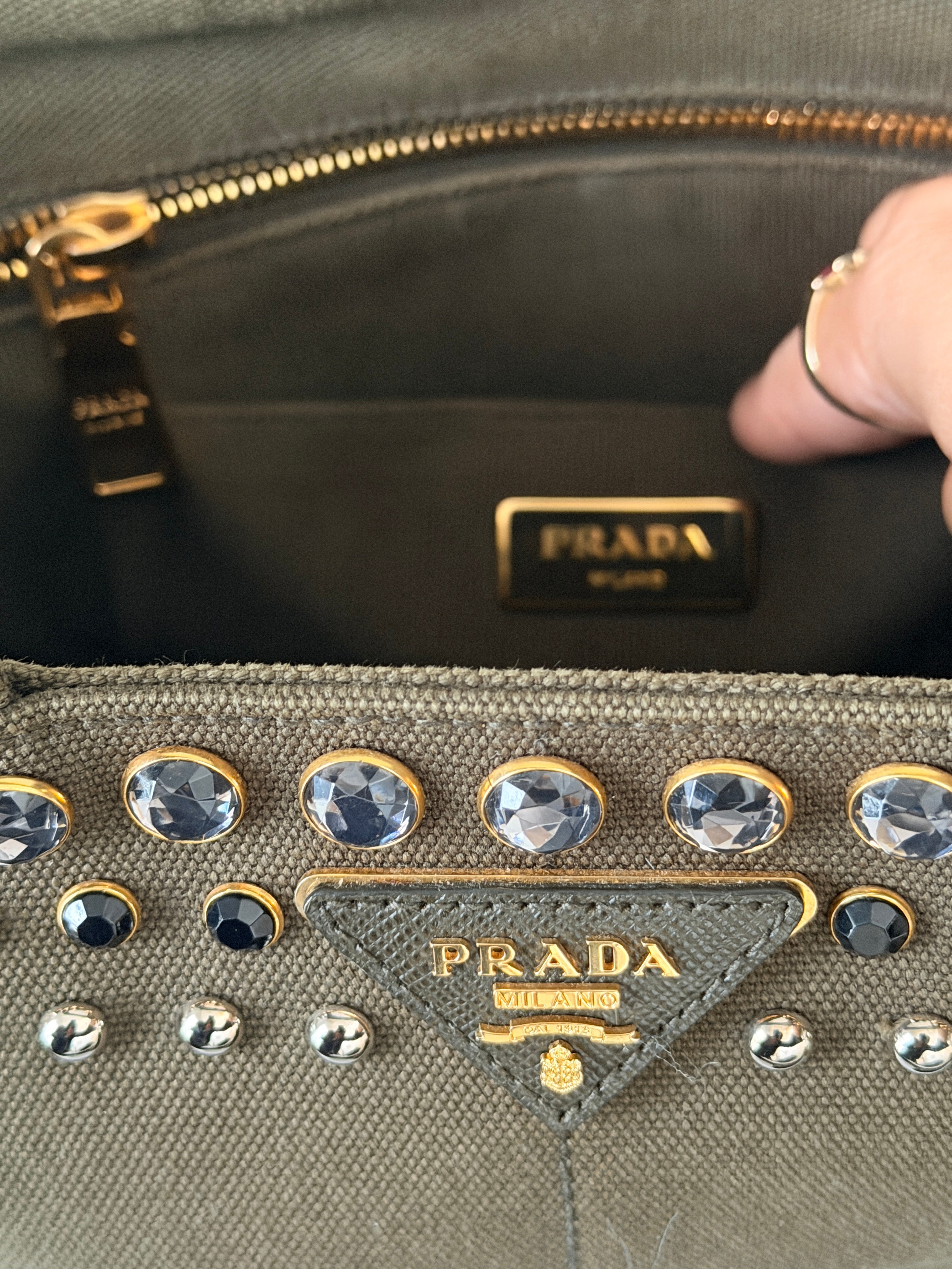 Prada Canapa Two-Way Green Denim Tote Bag with Sparkling Crystals & Rhinestones