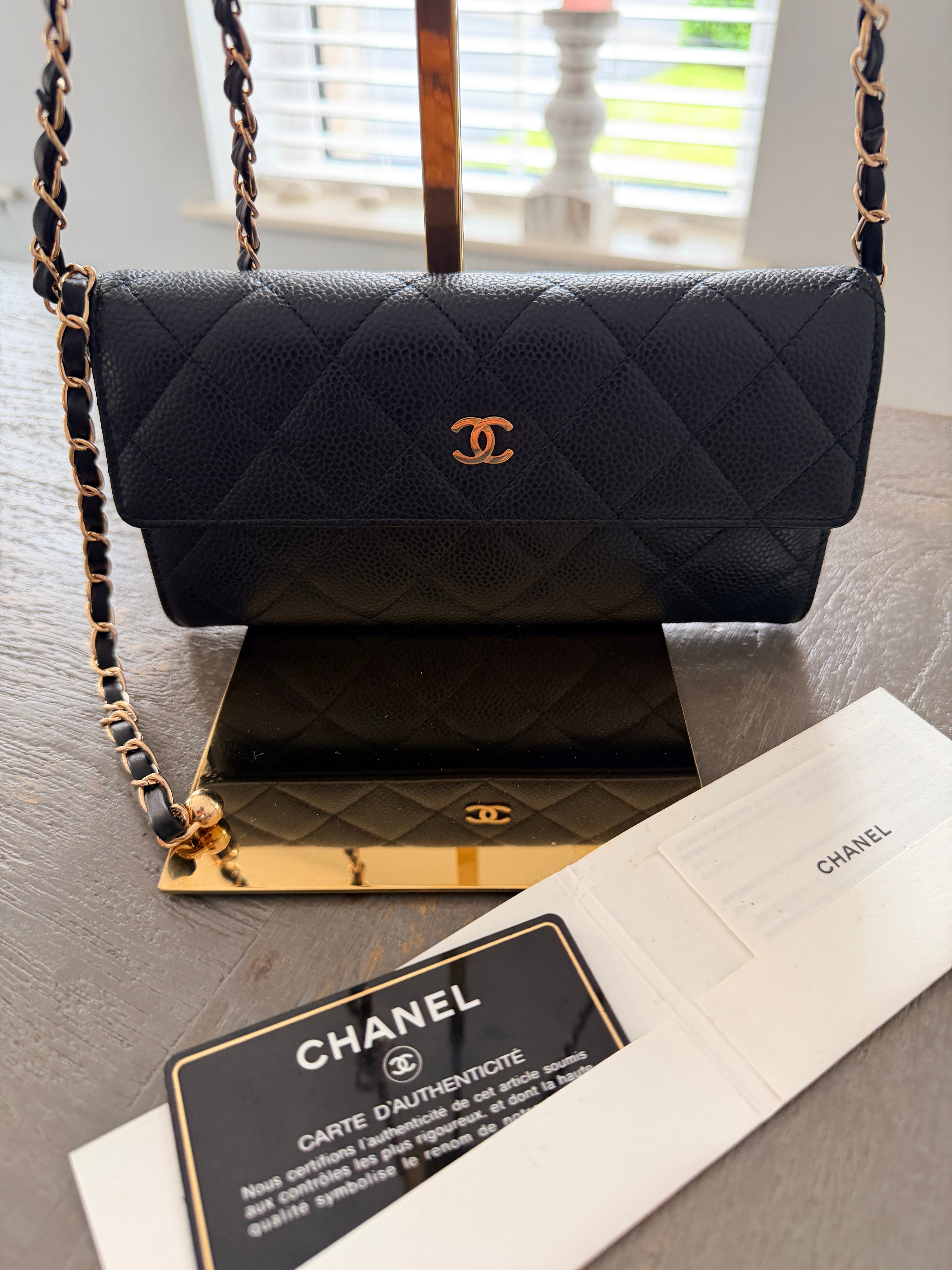 Chanel Gusset Long Wallet Black Caviar Leather Gold Hardware