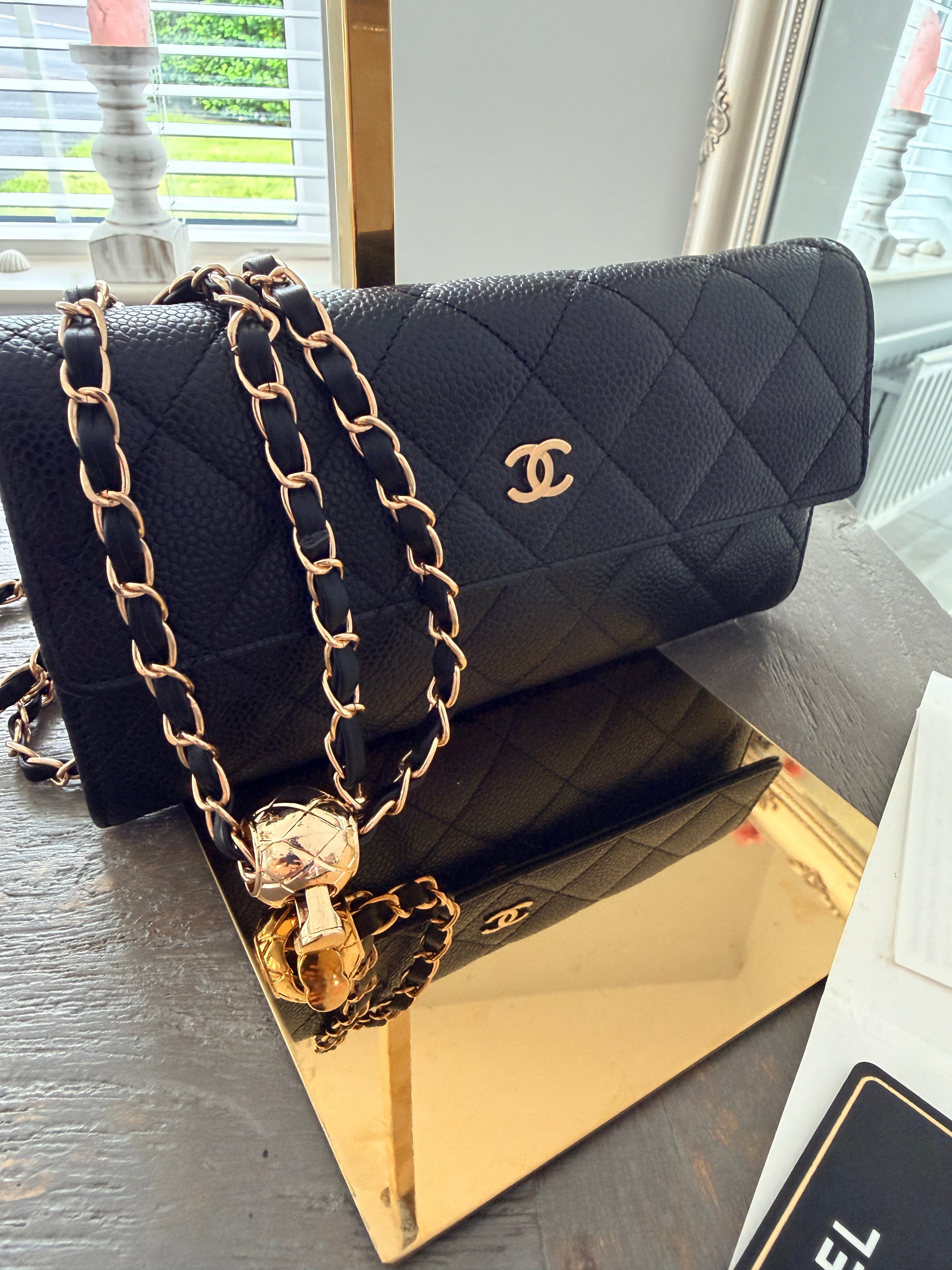 Chanel Gusset Long Wallet Black Caviar Leather Gold Hardware