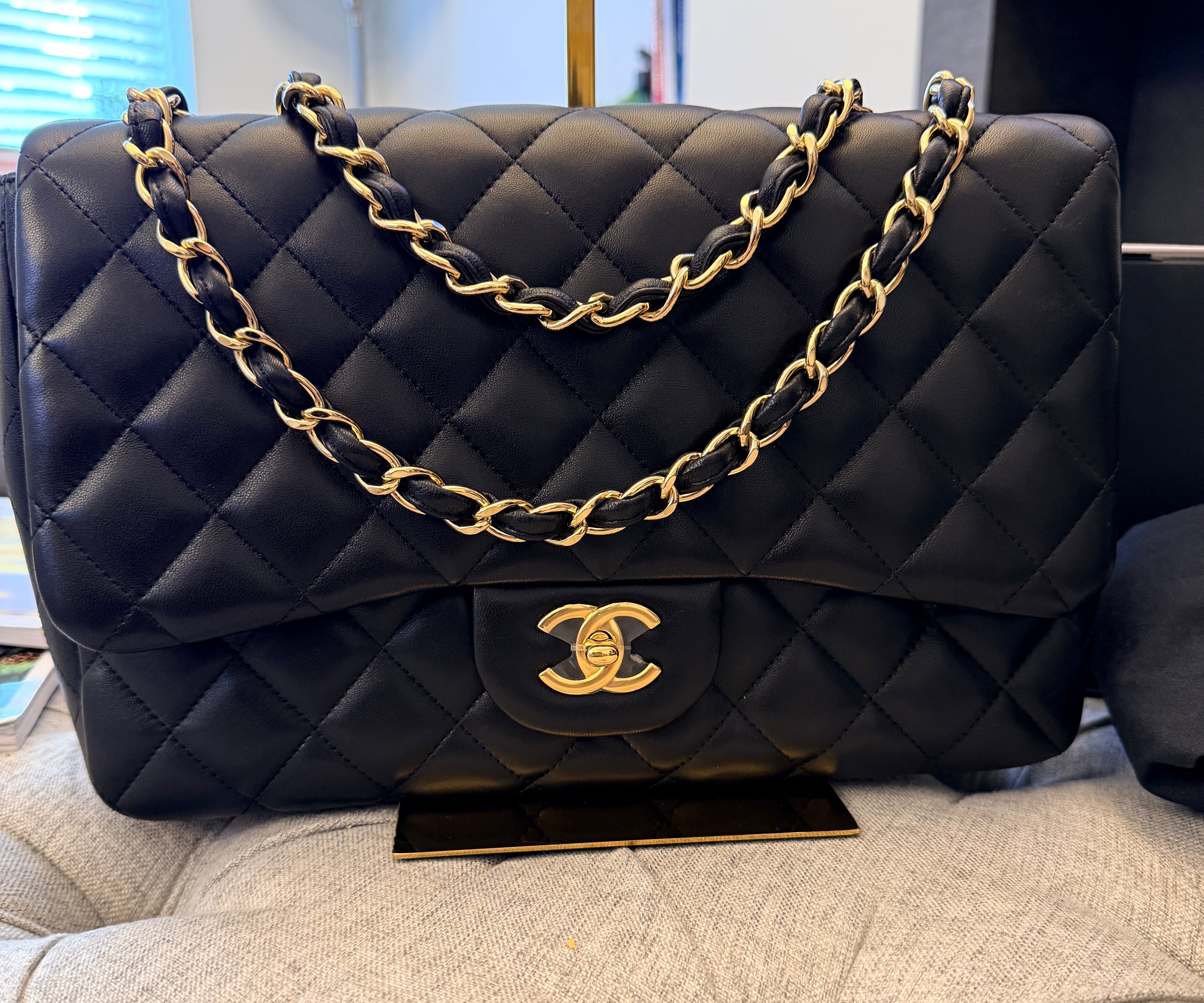 Chanel Jumbo Classic Single Flap Black Lambskin Leather Gold