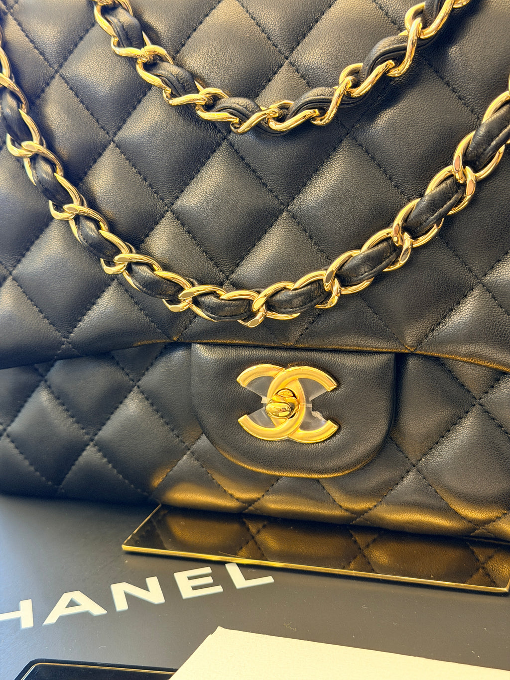 Chanel Jumbo Classic Single Flap Black Lambskin Leather Gold Hardware