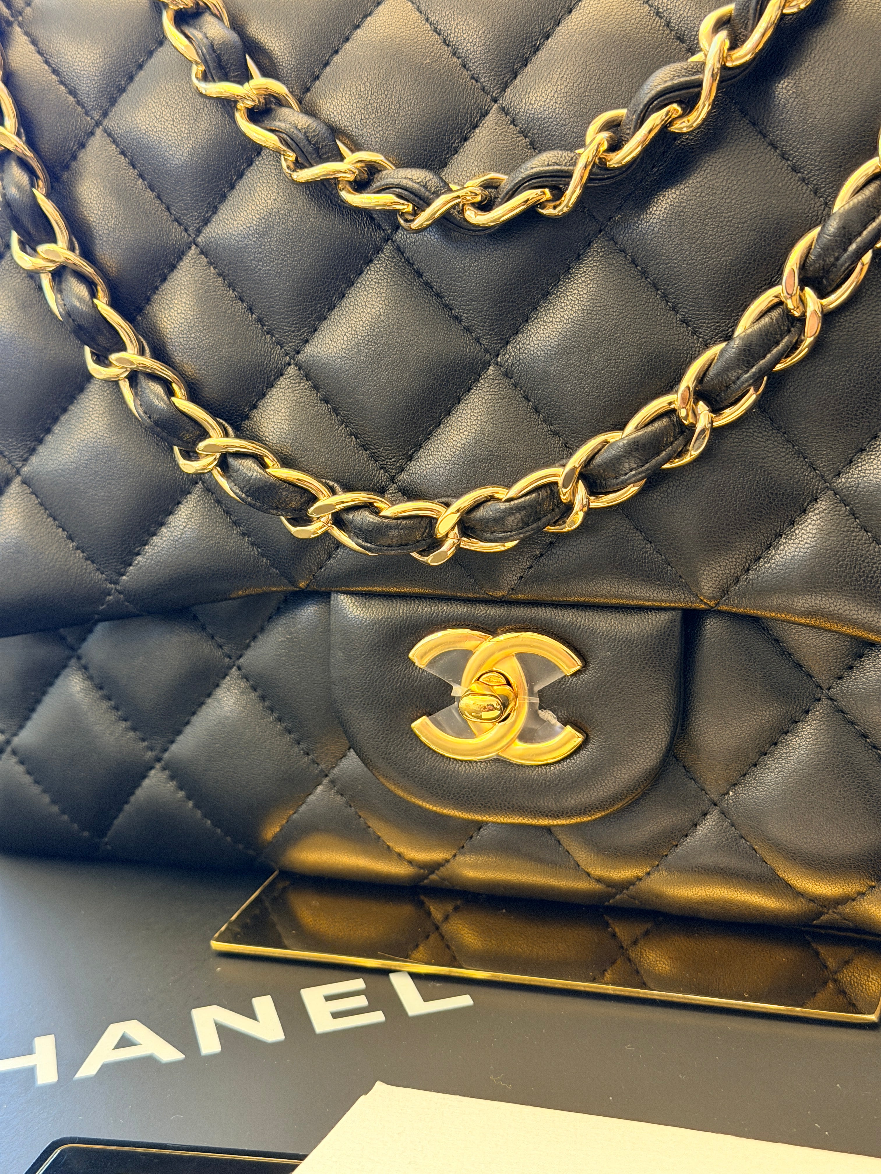 Chanel Jumbo Classic Single Flap Black Lambskin Leather Gold Hardware