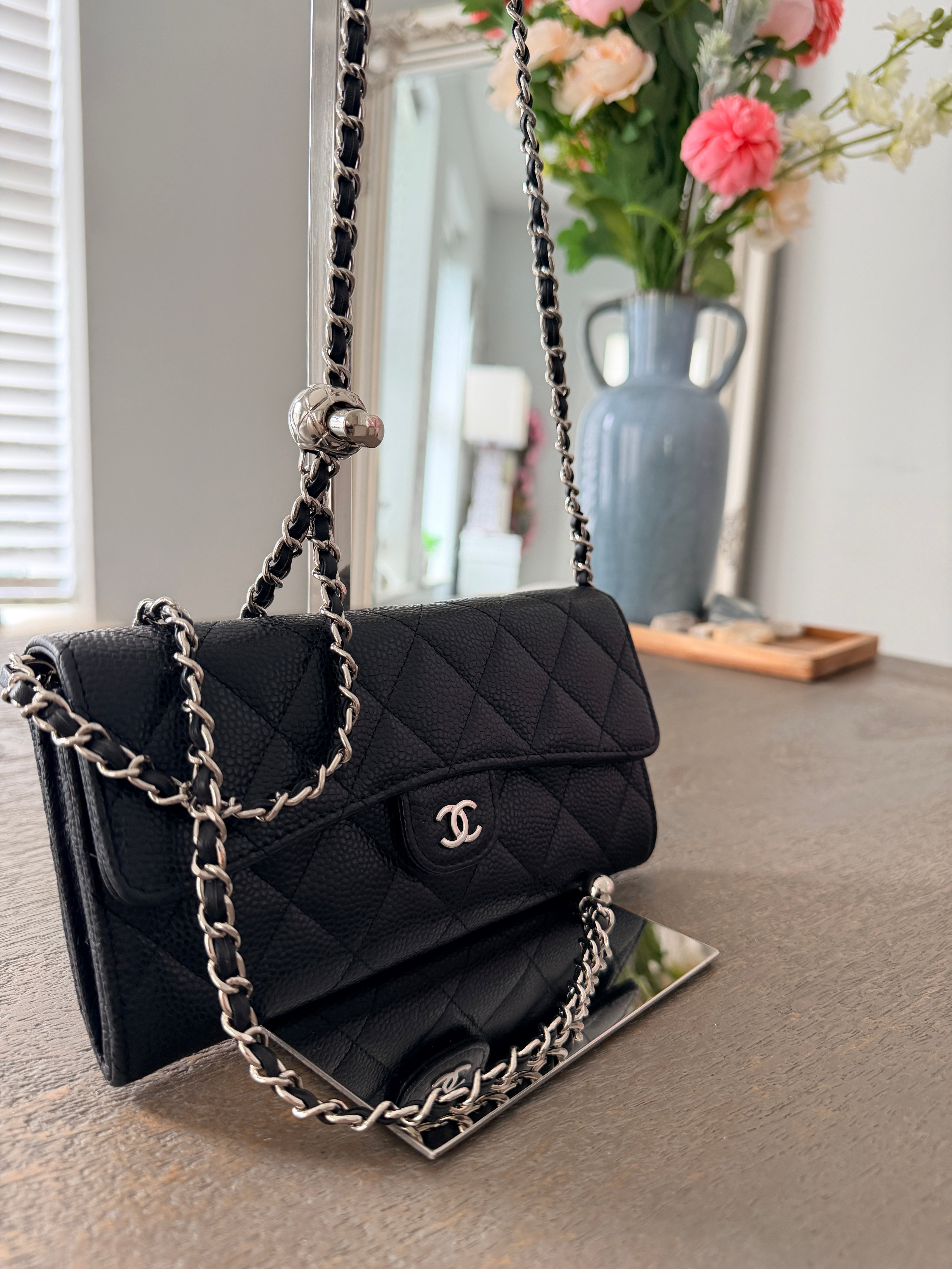 Chanel Long Wallet 2022-2024 Black Caviar Leather Silver Hardware