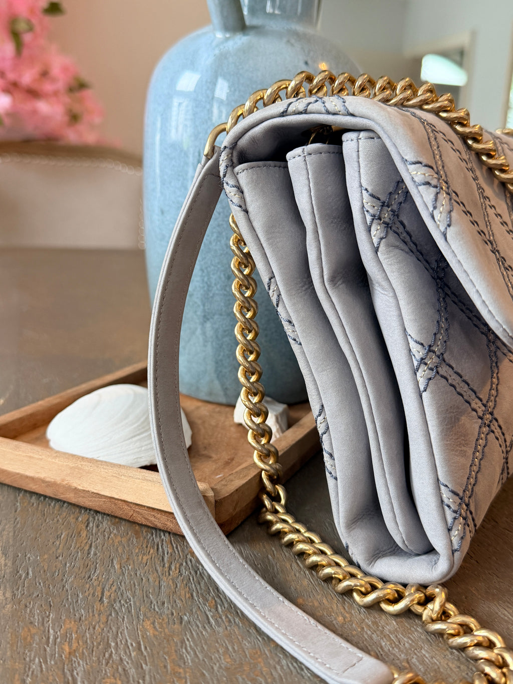 Chanel Timeless Classic Paris Dallas Chic Stitch Grey Nubuck Calfskin Leather Gold Hardware
