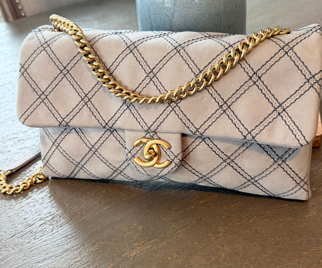 Chanel Timeless Classic Paris Dallas Chic Stitch Grey Nubuck Calfskin Leather Gold Hardware