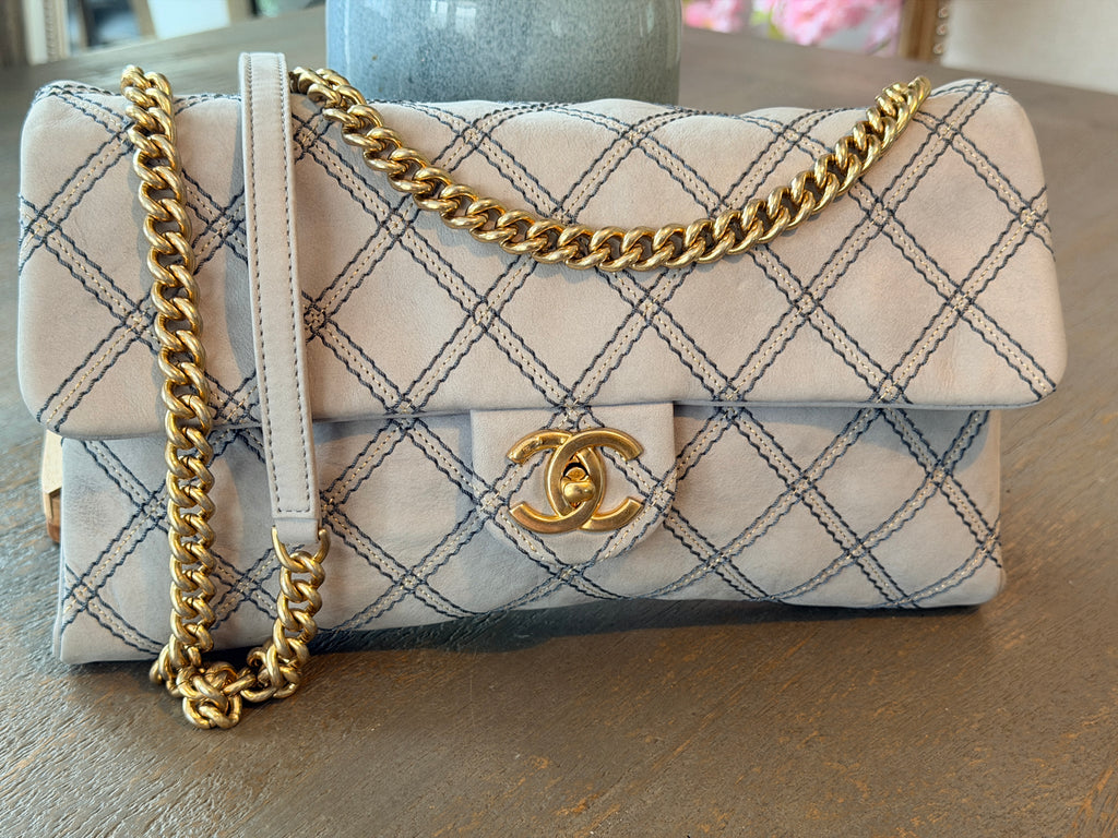 Chanel Timeless Classic Paris Dallas Chic Stitch Grey Nubuck Calfskin Leather Gold Hardware