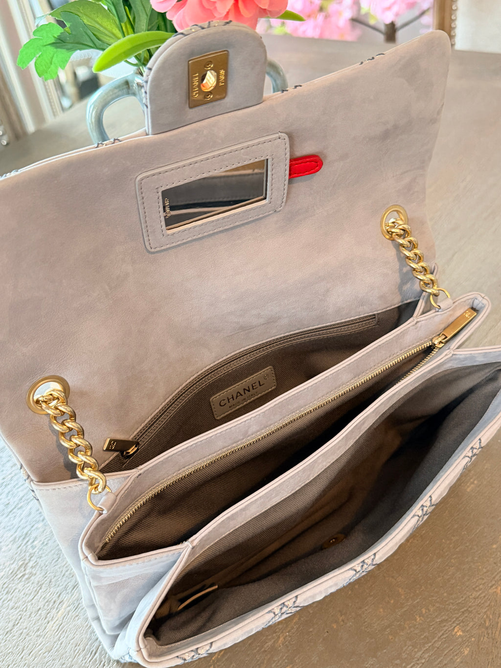 Chanel Timeless Classic Paris Dallas Chic Stitch Grey Nubuck Calfskin Leather Gold Hardware