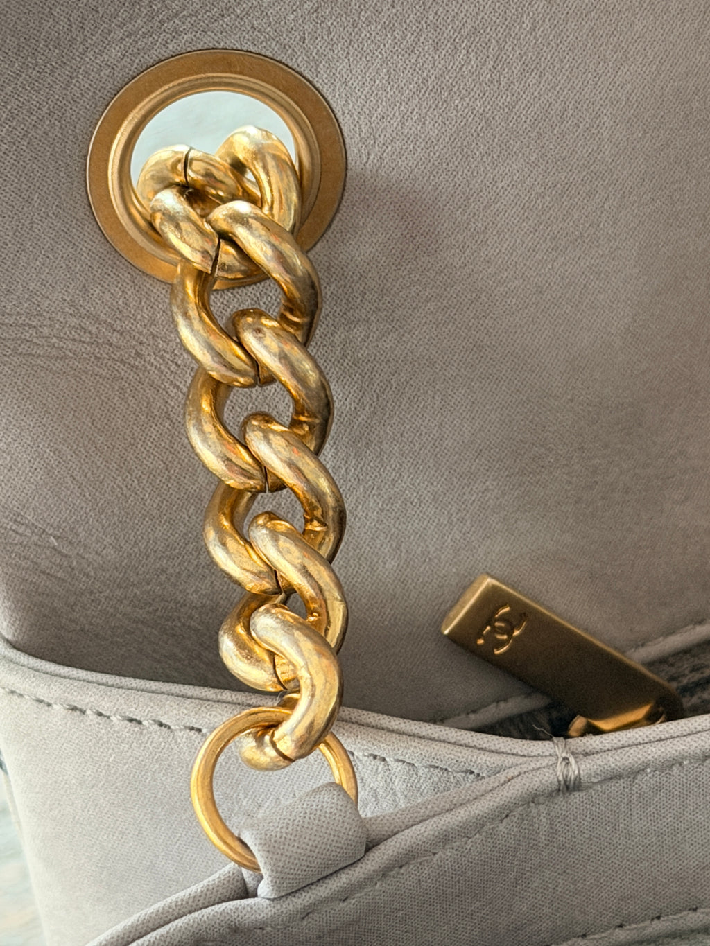 Chanel Timeless Classic Paris Dallas Chic Stitch Grey Nubuck Calfskin Leather Gold Hardware