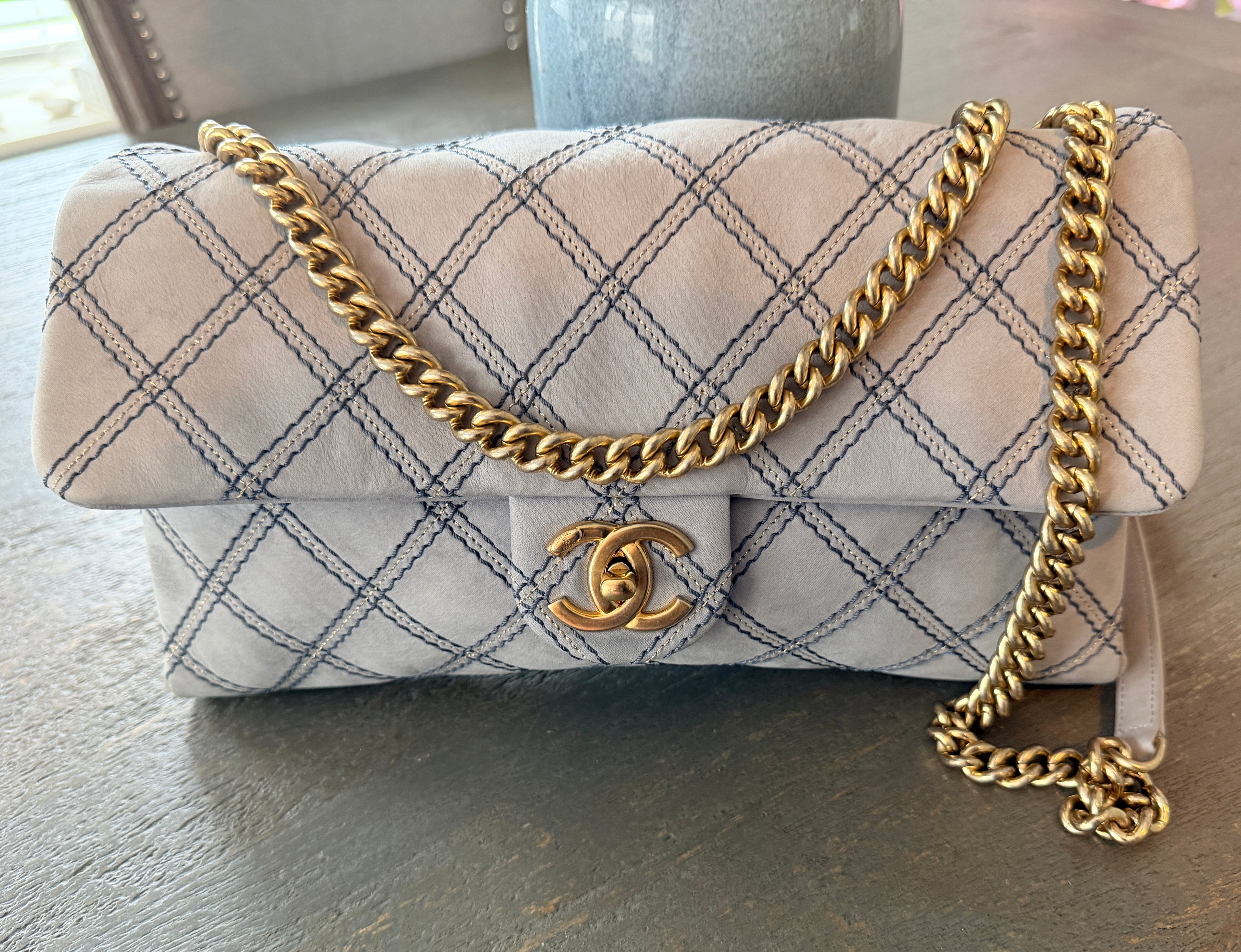Chanel Timeless Classic Paris Dallas Chic Stitch Grey Nubuck Calfskin Leather Gold Hardware