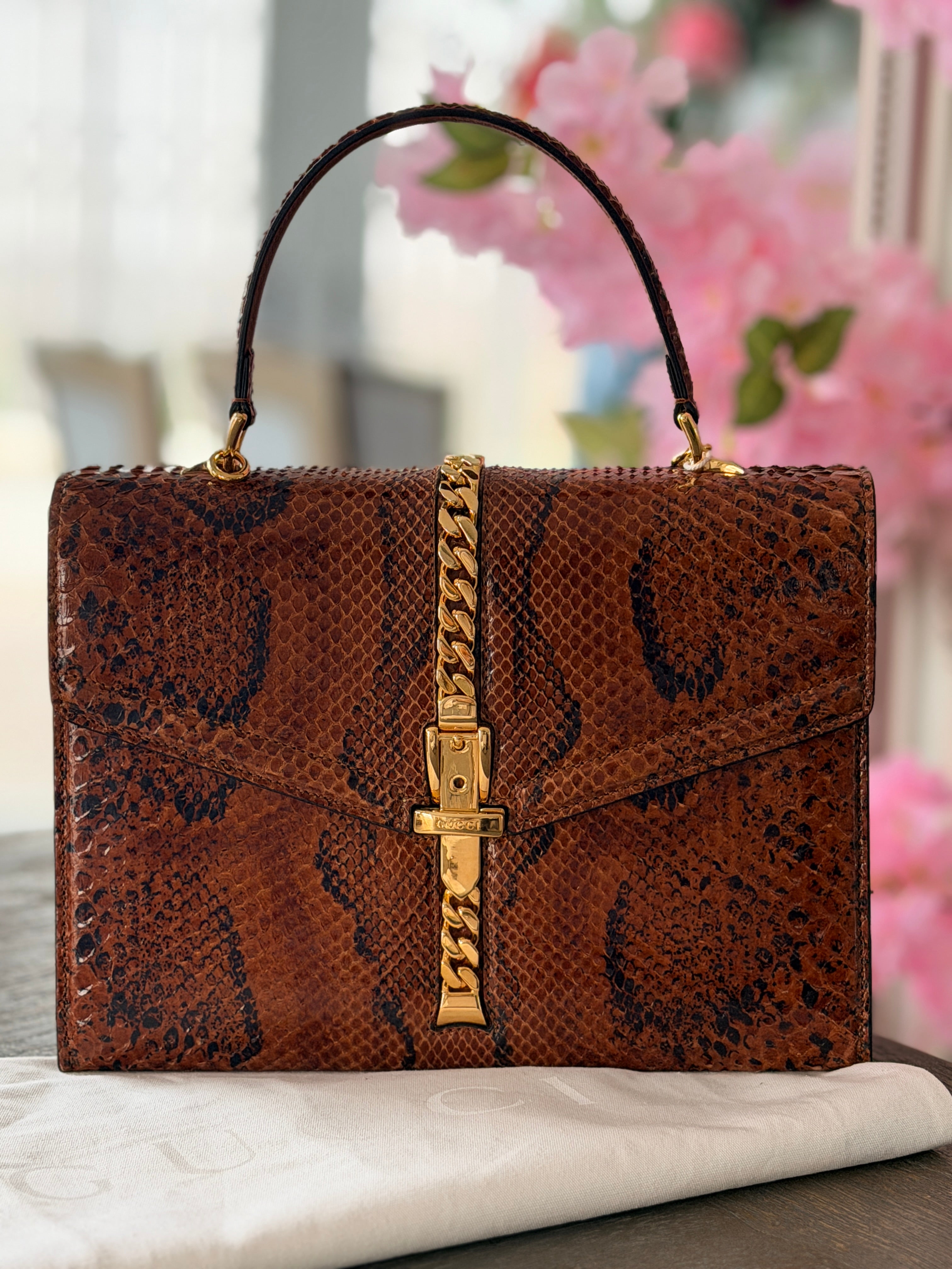 Gucci 1969 Sylvie Small Top Handle Bag with Shoulder Strap Brown Python Leather