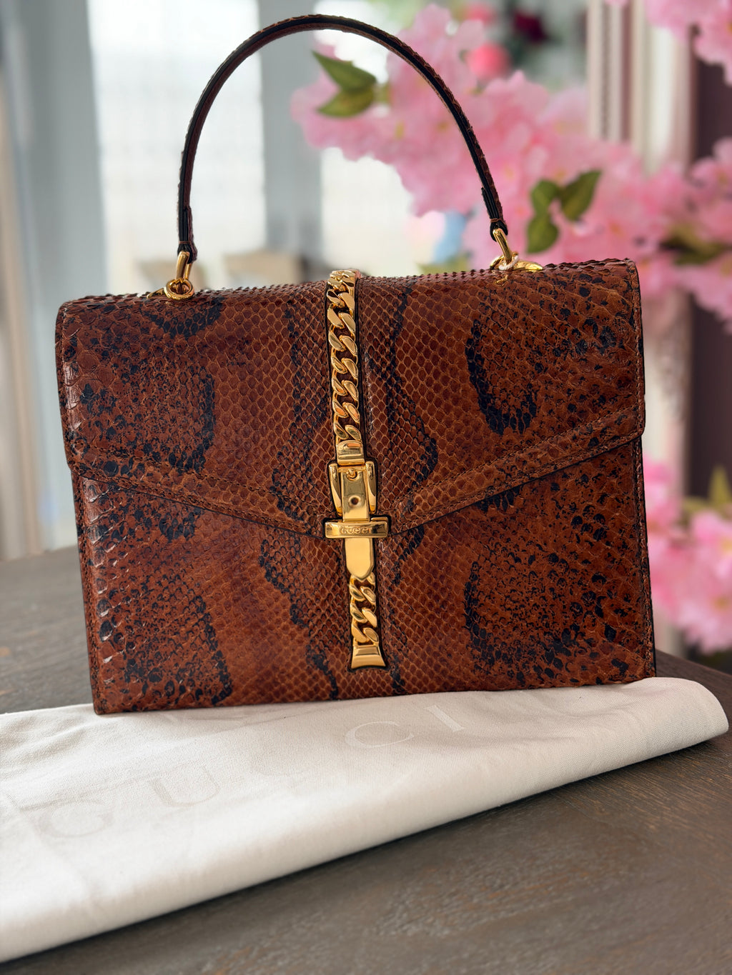Gucci 1969 Sylvie Small Top Handle Bag with Shoulder Strap Brown Python Leather
