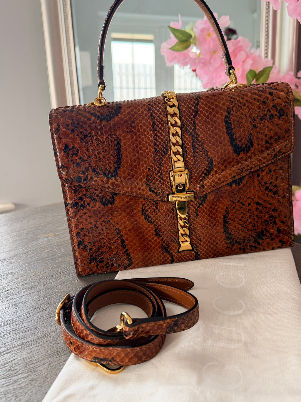 Gucci 1969 Sylvie Small Top Handle Bag with Shoulder Strap Brown Python Leather