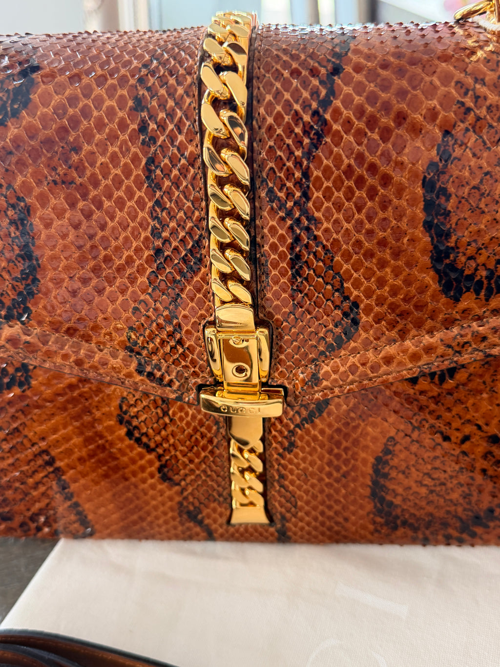 Gucci 1969 Sylvie Small Top Handle Bag with Shoulder Strap Brown Python Leather