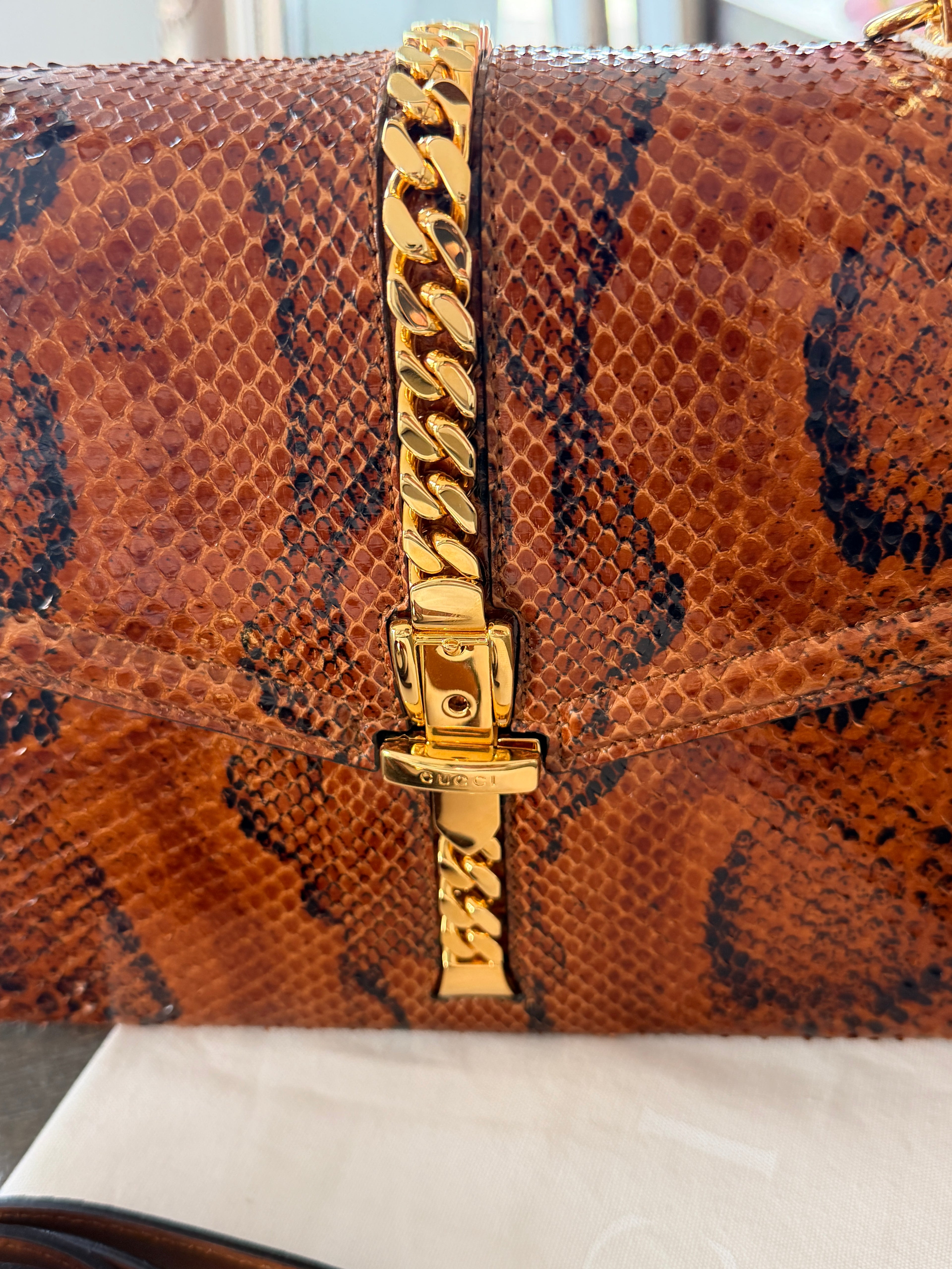Gucci 1969 Sylvie Small Top Handle Bag with Shoulder Strap Brown Python Leather