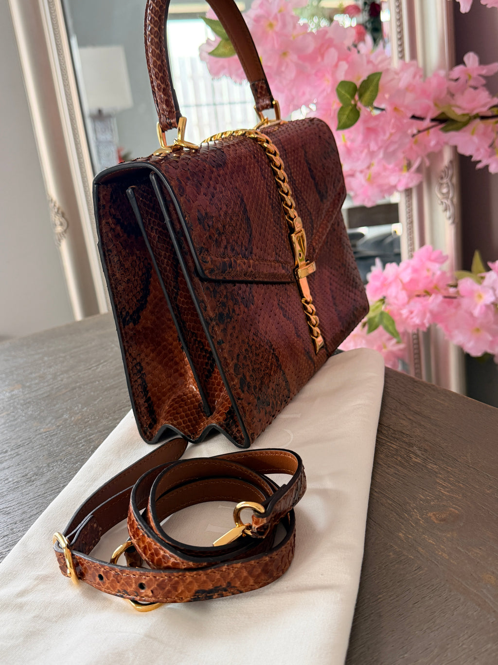 Gucci 1969 Sylvie Small Top Handle Bag with Shoulder Strap Brown Python Leather