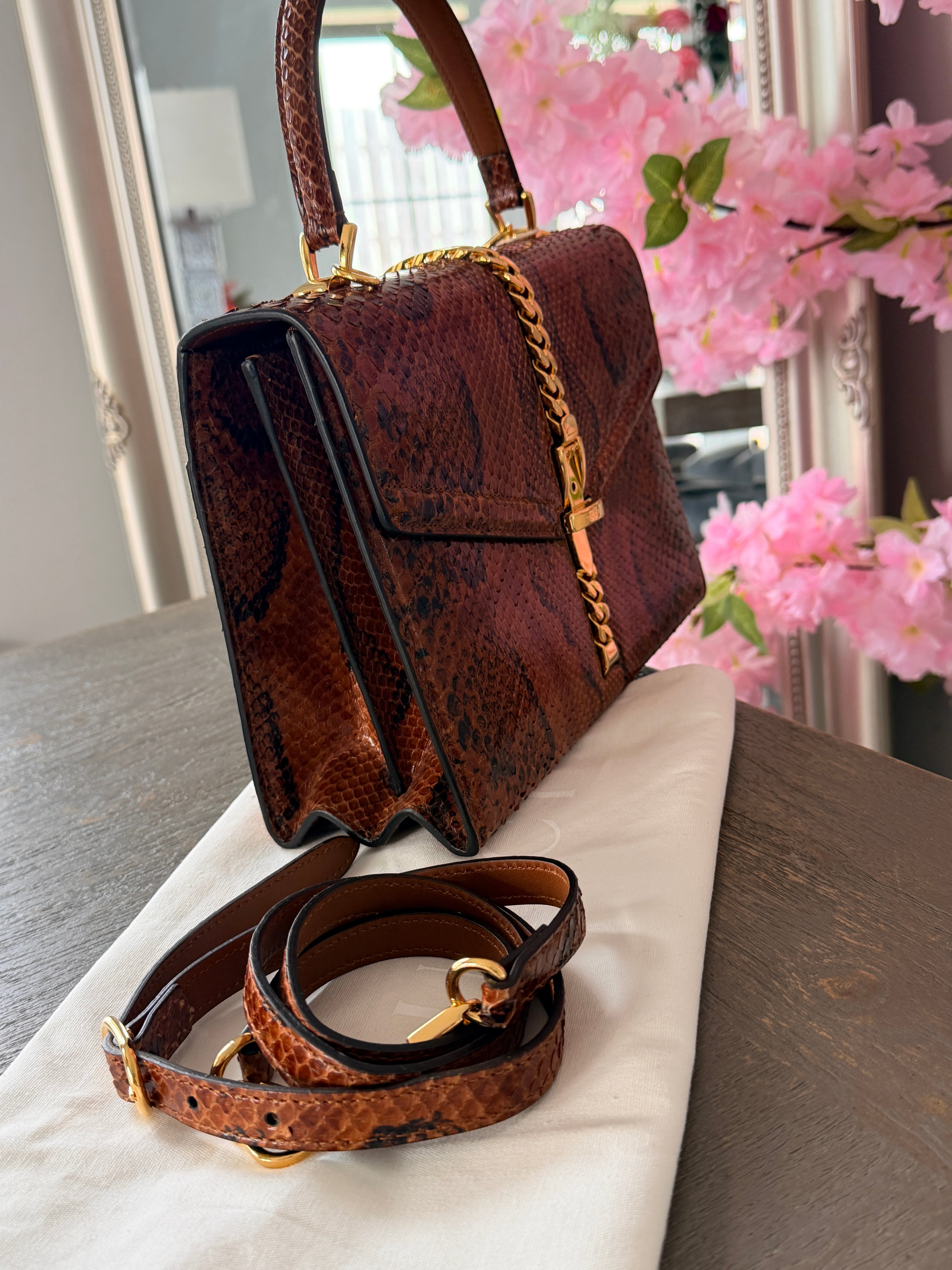 Gucci 1969 Sylvie Small Top Handle Bag with Shoulder Strap Brown Python Leather