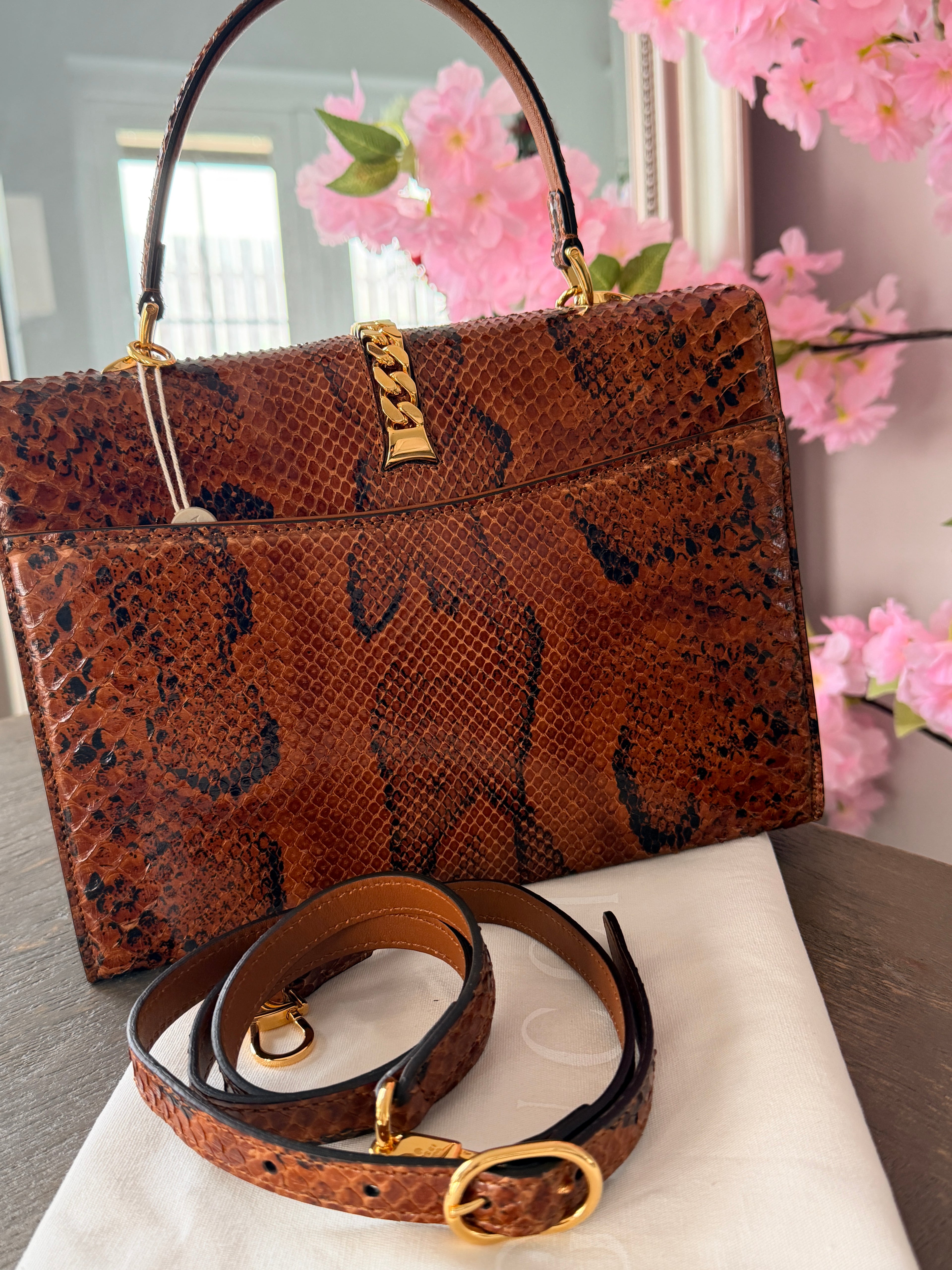 Gucci 1969 Sylvie Small Top Handle Bag with Shoulder Strap Brown Python Leather