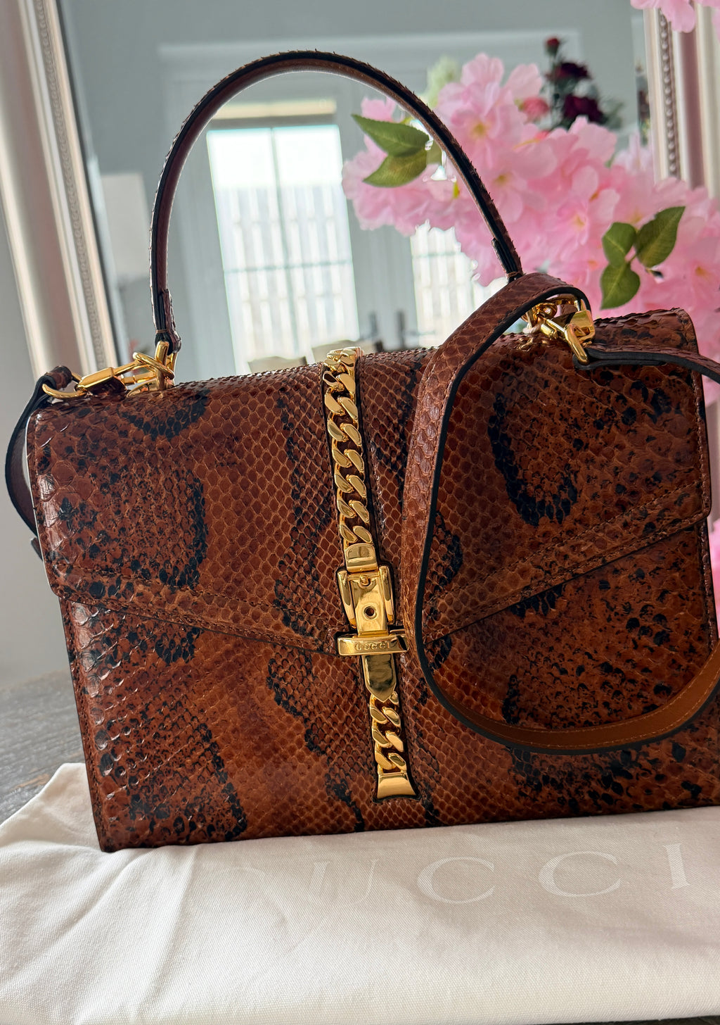 Gucci 1969 Sylvie Small Top Handle Bag with Shoulder Strap Brown Python Leather