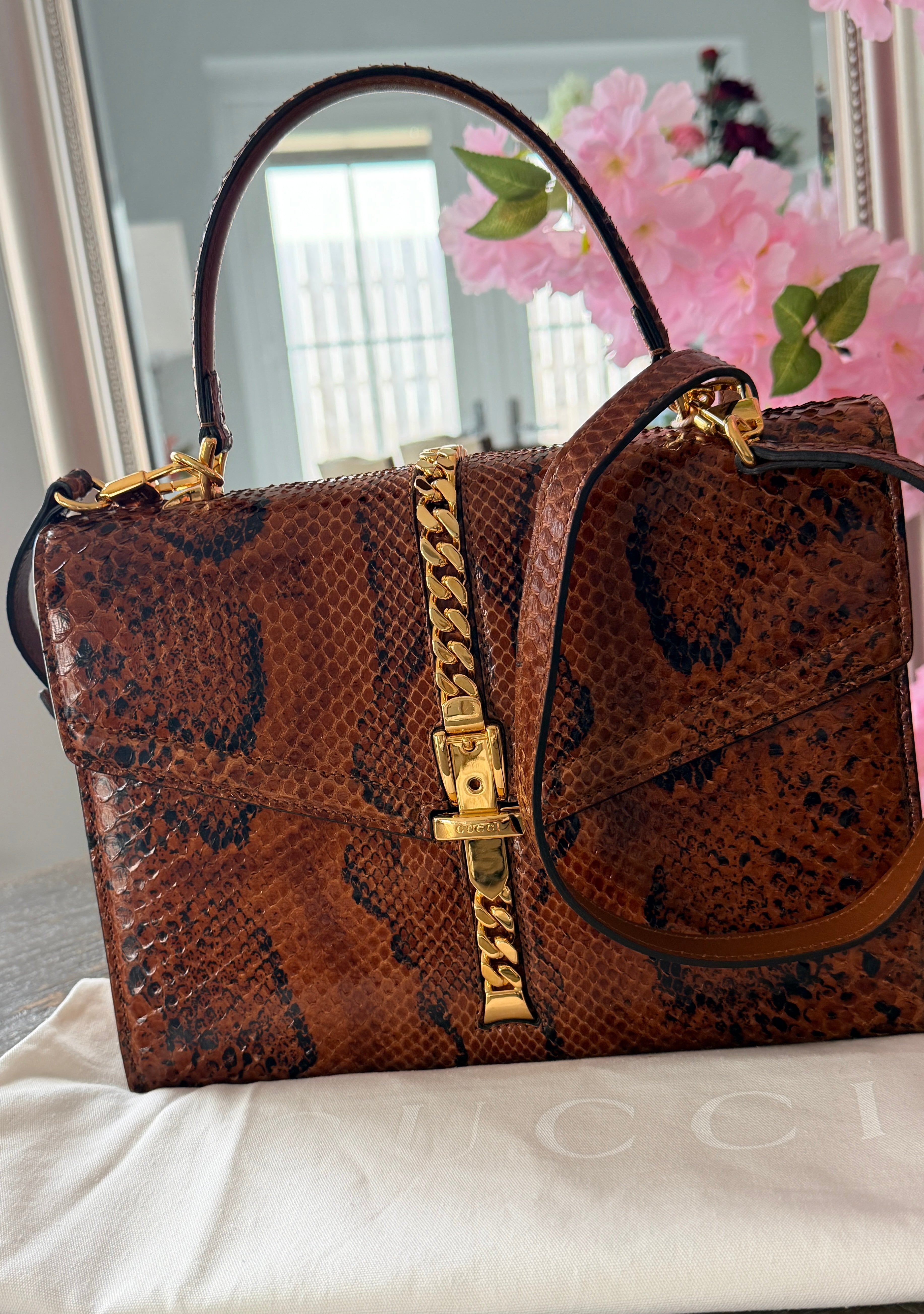 Gucci 1969 Sylvie Small Top Handle Bag with Shoulder Strap Brown Python Leather
