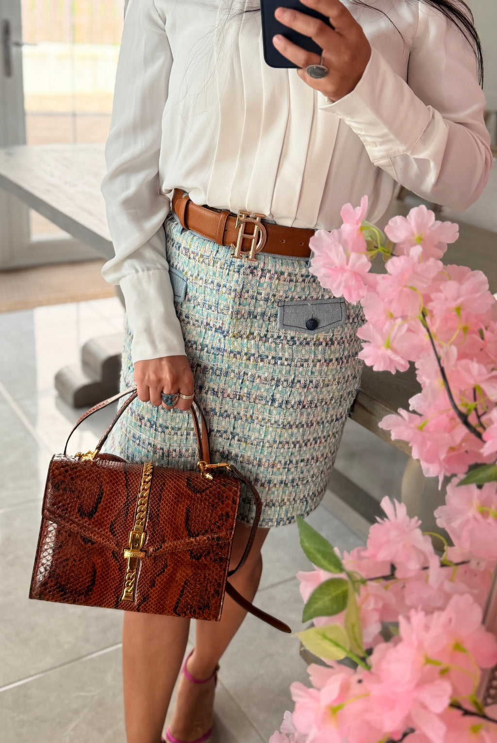 Gucci 1969 Sylvie Small Top Handle Bag with Shoulder Strap Brown Python Leather